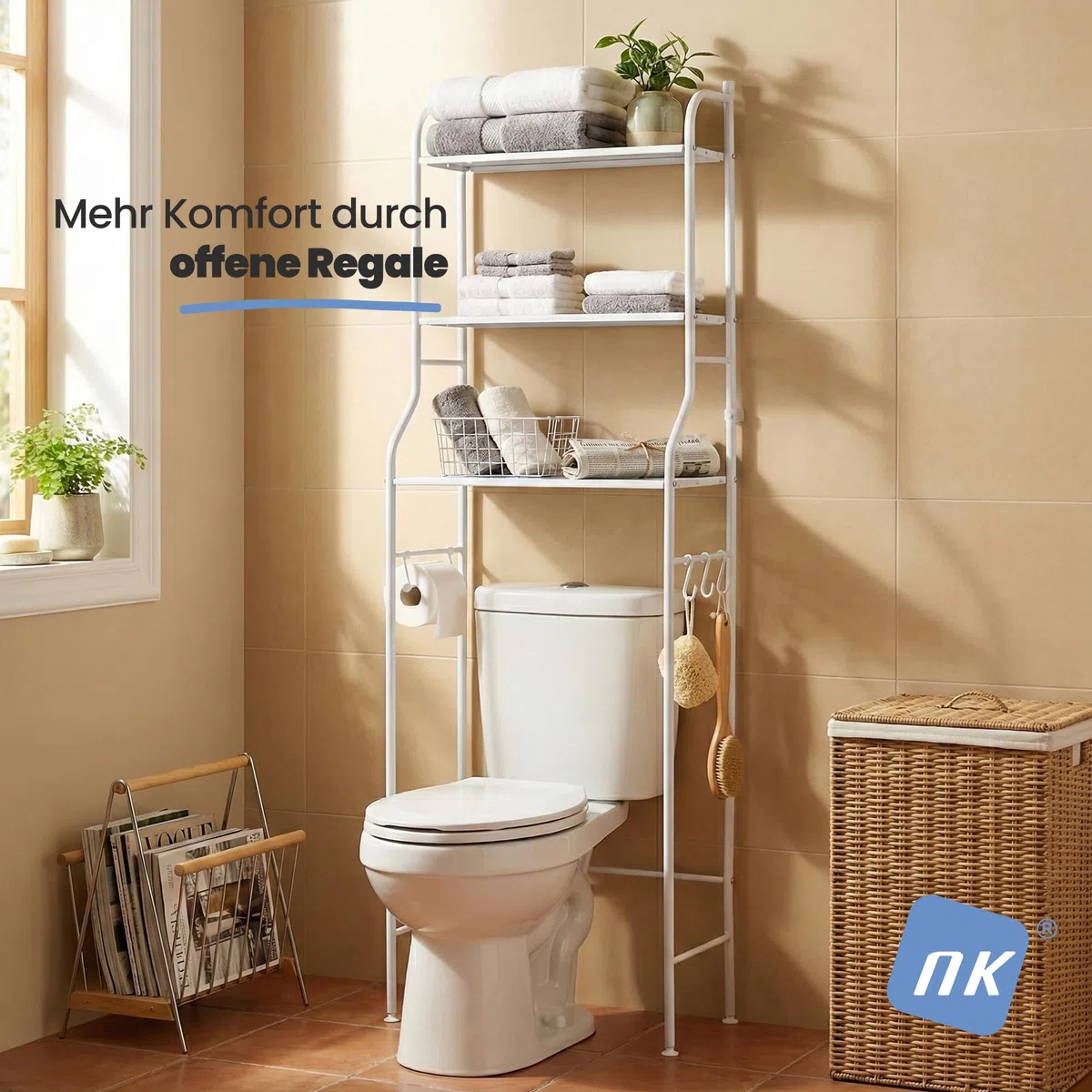 NK Badezimmerregal über Toilette – 153 x 47 x 26 cm, 3 obere Regalböden, 3 Haken, Toilettenpapierhalter, rutschfeste Füße, Struktur aus Eisen und Polypropylen, Weiß, einfache Montage