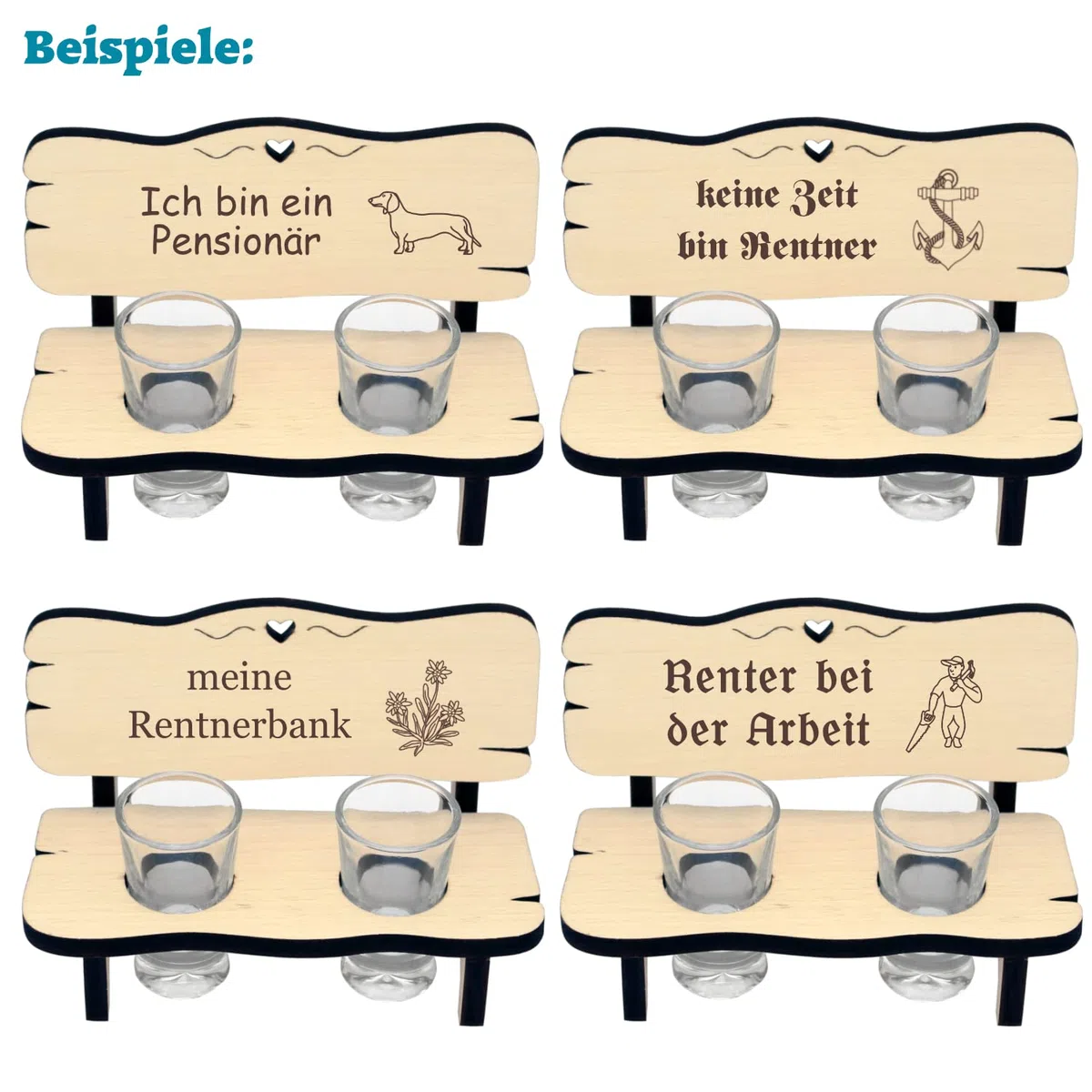 Geschenk zur Rente - die originelle Schnapsbank für Rentner mit Gravur - 2 oder 4 Gläser - Rentnerbank als Rentnergeschenk für Mann und Frau im Ruhestand, Pensionierung, Lebensabend