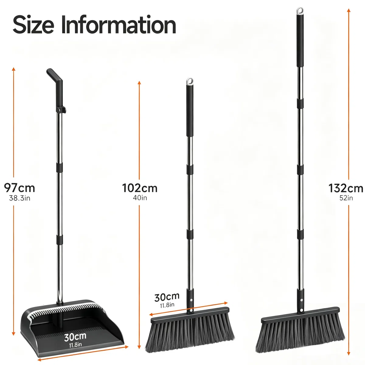 CTIME Besen und Kehrschaufel Set, 132cm Verstellbarer Langer Stiel mit, 180 Grad Drehbar Kehrmaschine und Kehrschaufel Combo Für Büro, Küche, Flur, Boden, Garten und Mehr