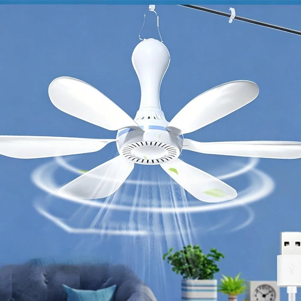 USB-Deckenventilator mit Fernbedienung und 6 Flügeln für Camping, Zelt, Schlafsaal, tragbar, leiser Zirkulator mit einstellbaren Einstellungen, weißes leichtes Design für den Innen- und Außenbereich