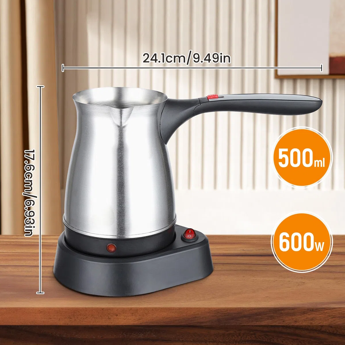 Milageto Espressokocher, 500 ml elektrische türkische Kaffeekanne, Edelstahl-Kaffeekessel, Teekessel mit Henkel, Wasserkocher für Haushalt Café Büro, Rautenmuster Silver