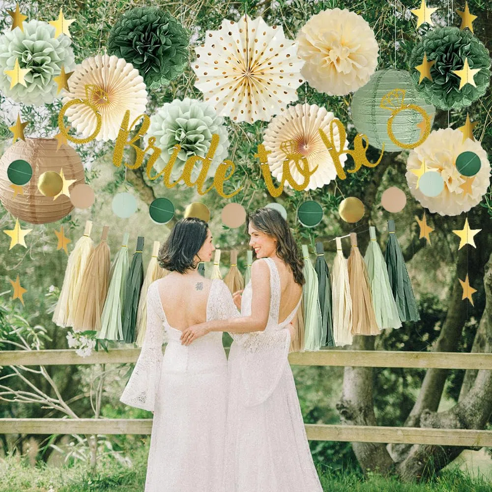 Junggesellinnenabschied Frauen Bride to Be Deko Salbeigrün JGA Deko Bride To Be Banner Papier Girlande Seidenpapier Pom Poms for Brautdusche Dekorationen