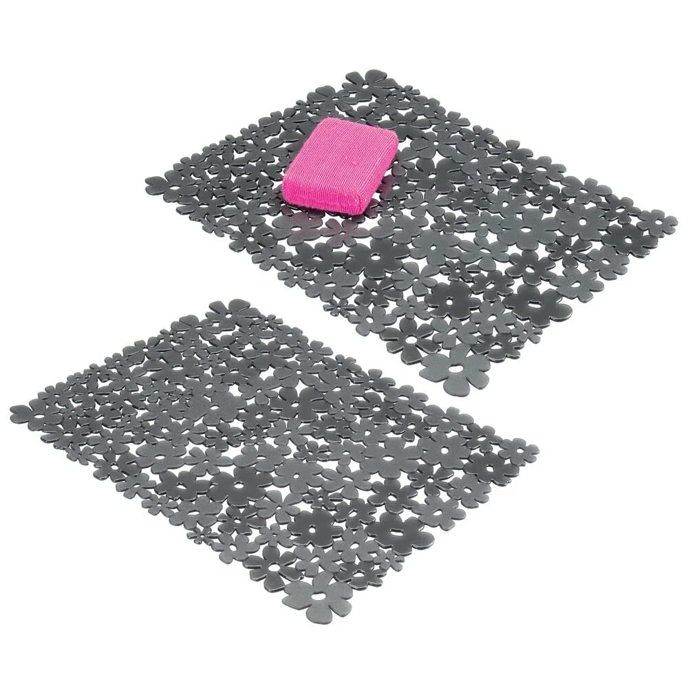 mDesign 2er-Set Spülbeckeneinlage zum Zuschneiden – große Spülbeckenmatte für die Küche – zuschneidbare Matte aus PVC für Geschirr und Becken – mit Blumenmuster – schiefergrau