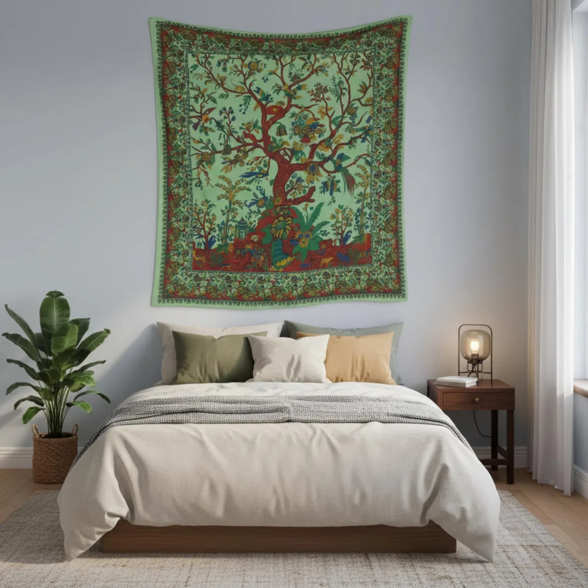 Craft Trade Grün Baum Wandteppich Indische Wandtuch Tapestry Wandbehang Boho Wandteppiche für Heimdeko Wohnzimmer und Schlafzimmer - 127 x 152 cm