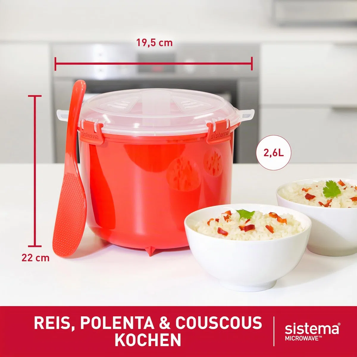 Sistema Microwave Reiskocher | 2,6 l | Spülmaschinenfester kleiner Reiskocher | BPA-frei | Rot