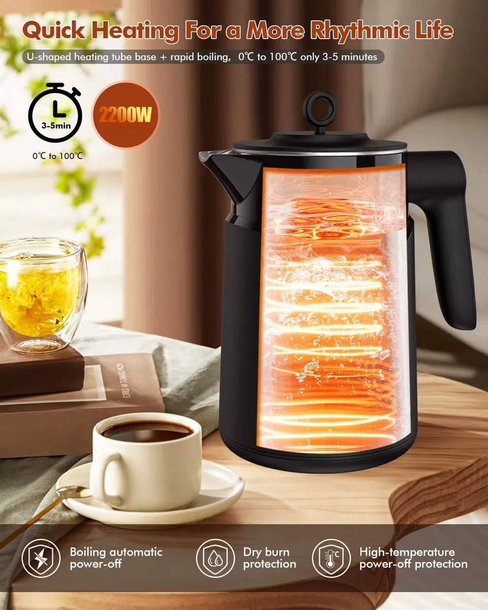 Wasserkocher Edelstahl - 2200W Schnellaufheizender Elektrischer Wasserkocher, Automatischer Stromausfall, Trockengehschutz, 100% BPA-Frei, Kein Kunststoffkontakt, Leise, 1,7L Zuhause