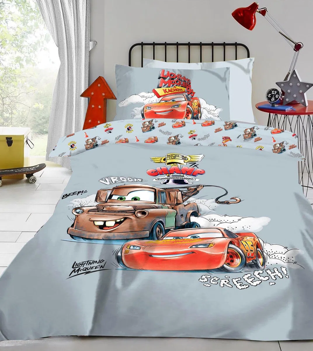 Disney Cars - Auto Bettwäsche 40x60 + 100x135 cm, 100% Baumwolle mit Reißverschluss