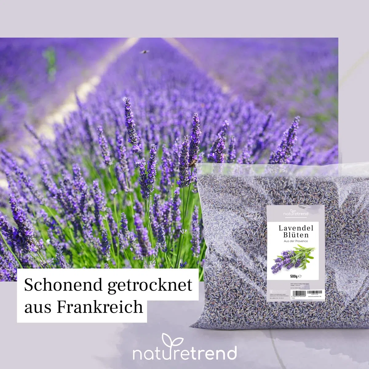 naturetrend Lavendelblüten getrocknet 500g- Französischer Lavendel aus der Provence I Neuste Ernte I Duftintensiv & bläulich für Duftkissen, Potpourri Duft Lavendelsäckchen Seifen Duftsäckchen