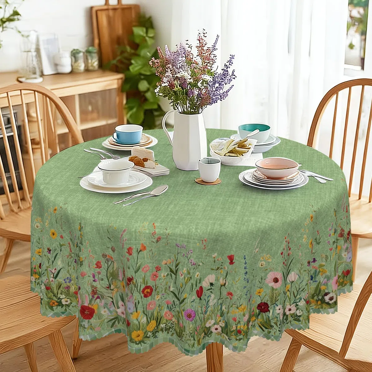 Tischdecke Rund 160 cm Wetterfest Abwaschbar - Polyester Grüne Blumen Muster - Outdoor Tischdecke für Garten Küche Esszimmer Balkon - für 6-8 Personen - Wasserdicht & Langanhaltend