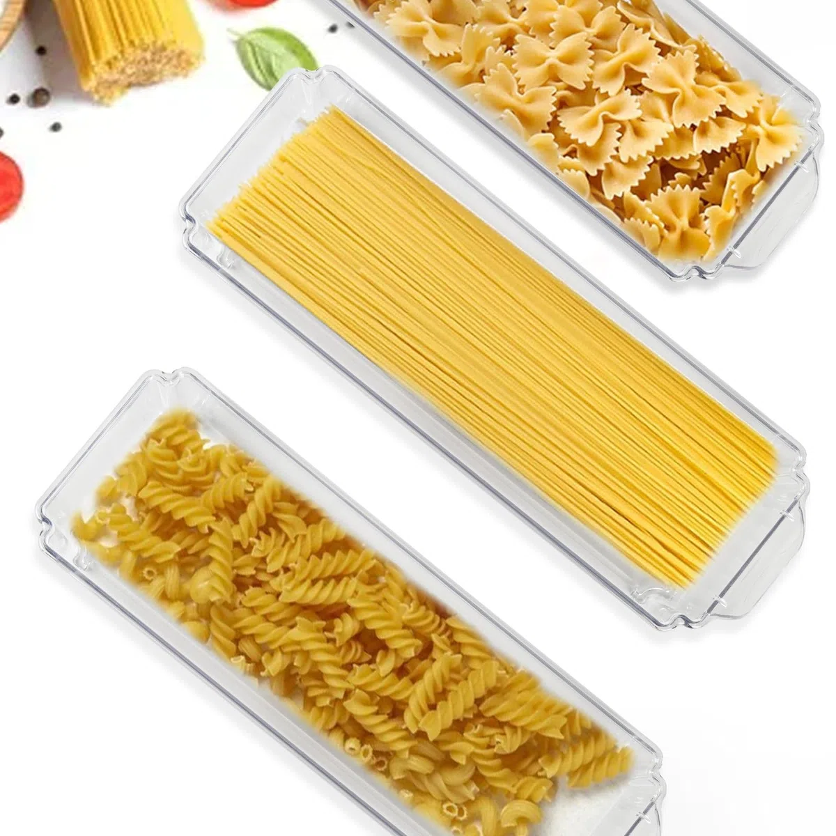 Spaghetti Aufbewahrung 3er Set 1,35 L, Vorratsdosen mit Deckel | Drei transparente Dosen für Spaghetti, Müsli und Snacks, luftdicht stapelbar mit Etiketten für Schrank oder Küchenregal