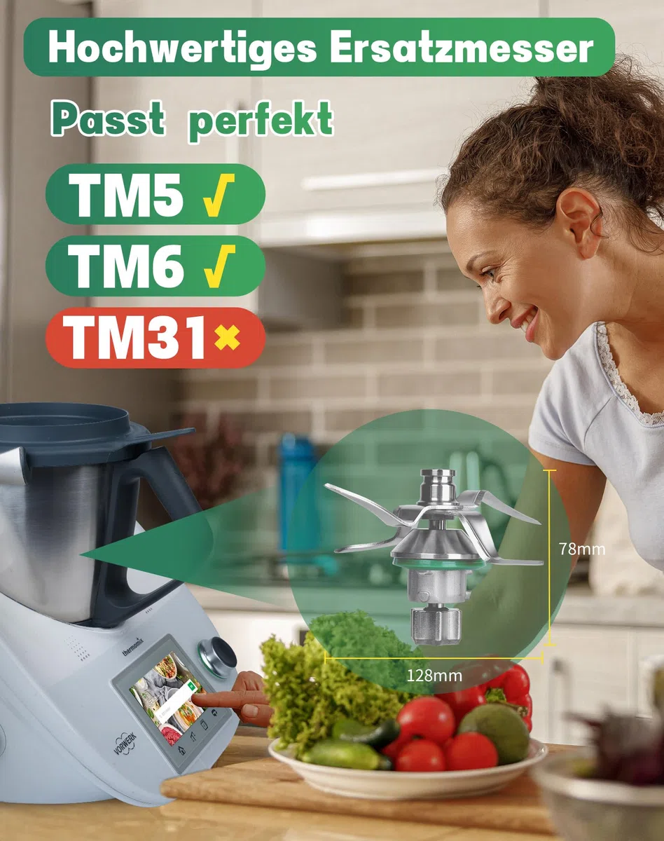 TM5 Messer für Thermomix TM5 TM6 Ersatzmesser aus Voll Edelstahl Mixmesser mit Dichtring rostfrei & stabil, kompatibel mit Thermomix Vorwerk Zubehör und Ersatzteile
