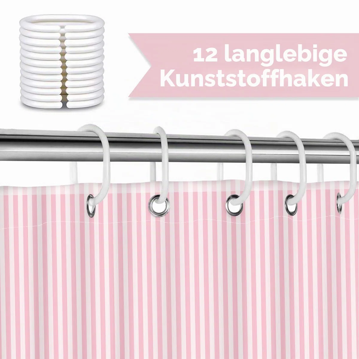 Duschvorhang 180x200 cm Rosa Weiß Gestreift, Moderner Textil Stoff Badevorhang mit Streifenmuster, Anti-Schimmel & Wasserabweisend, inkl. 12 Ringe, Maschinenwaschbar, 1-Teil
