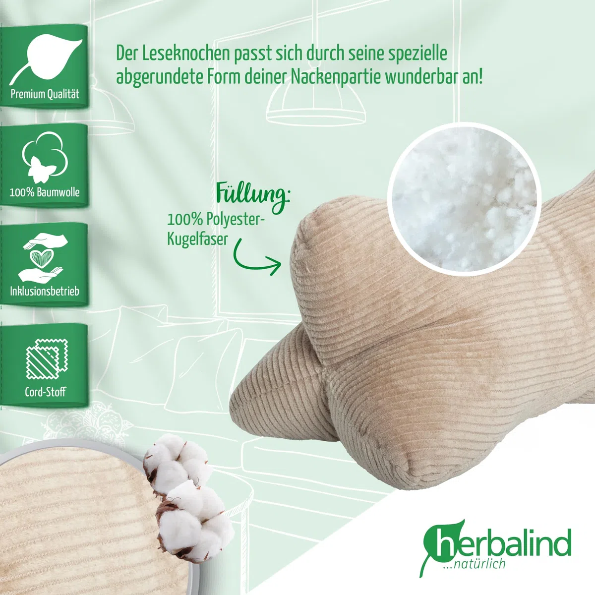 Herbalind Leseknochen Nackenrolle 40x18 cm Cord Design - 100% Baumwolle Cordstoff robust und waschbar - ergonomisches Nackenkissen als Lesekissen zum Relaxen, Lesen - für Tablet, Buchstütze - Camel