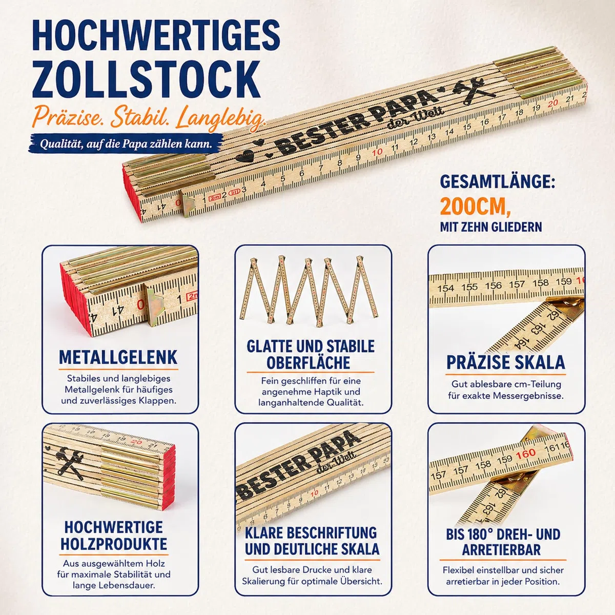 Bester Papa Geschenkset mit 13-in-1 Multitool und personalisiertem Zollstock, Vatertagsgeschenk für Papa mit Socken, Schlüsselanhänger und Karte