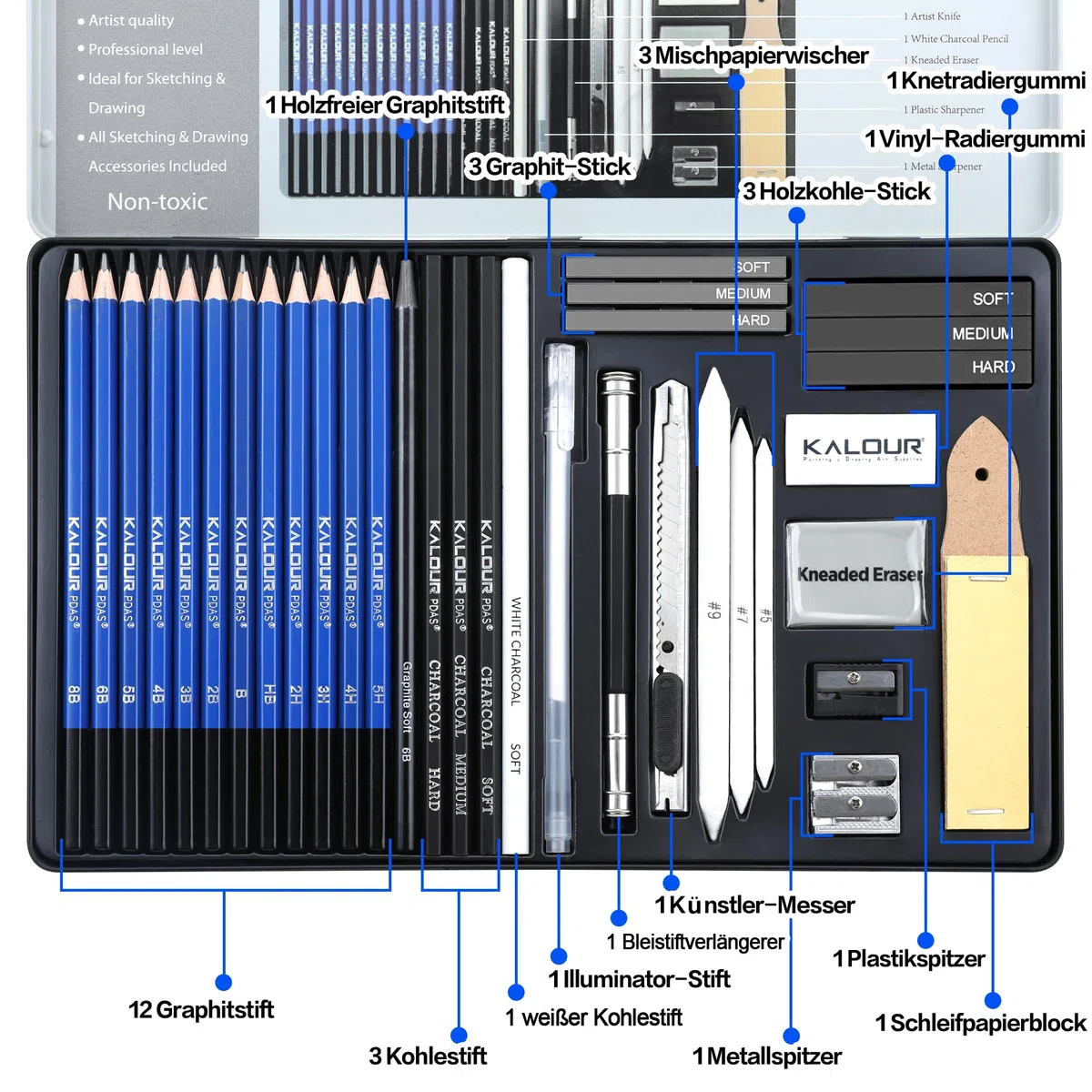 KALOUR PDAS 36-teiliges Zeichenset, Skizzier-Set, Profi-Kunst-Skizzenzubehör, inklusive Tutorial, Graphit, Anthrazit, für Künstler, Erwachsene, Teenager, Anfänger,ideal zum Schattieren
