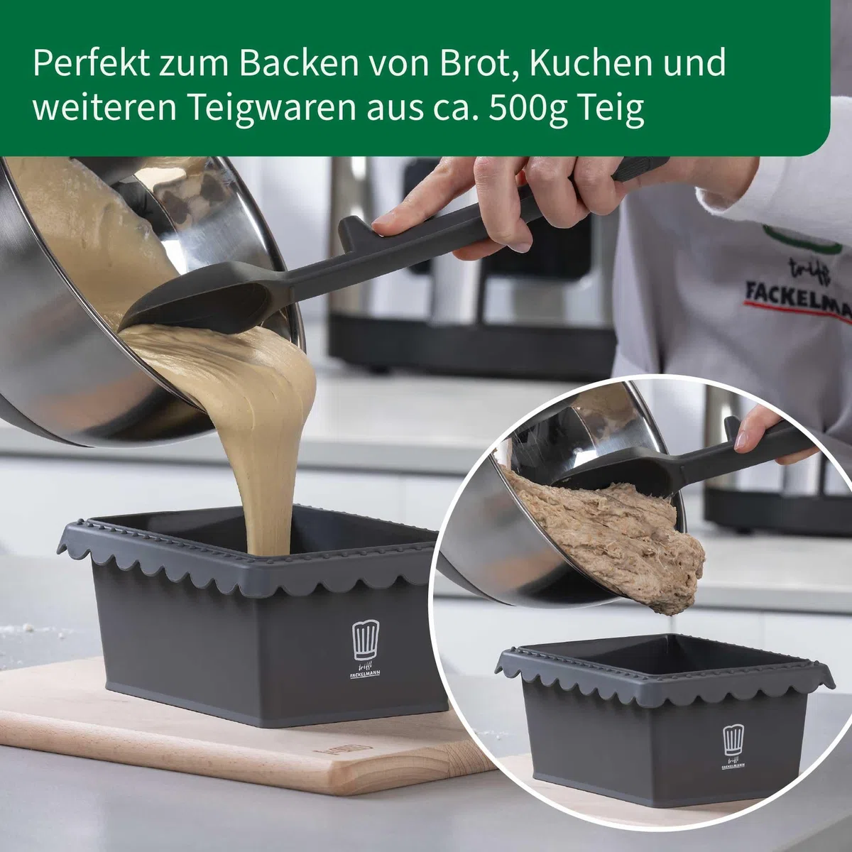 FACKELMANN Chefkoch trifft Mini-Kastenform für Heißluftfritteuse und Backofen – Ideal für Brot und Kuchen, Silikonform für Airfryer, Dunkelgrau, 17x13x7,5 cm, für 500g Teig geeignet
