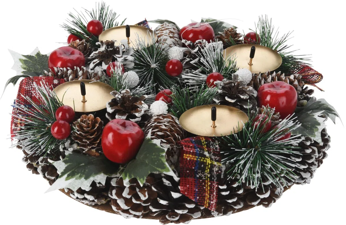 Bambelaa! Künstlicher Adventskranz mit 4 Kerzenhaltern in Gold Geschmückt Tannenzapfen roten Beeren 27cm - 40 cm (Braun, 27 cm)