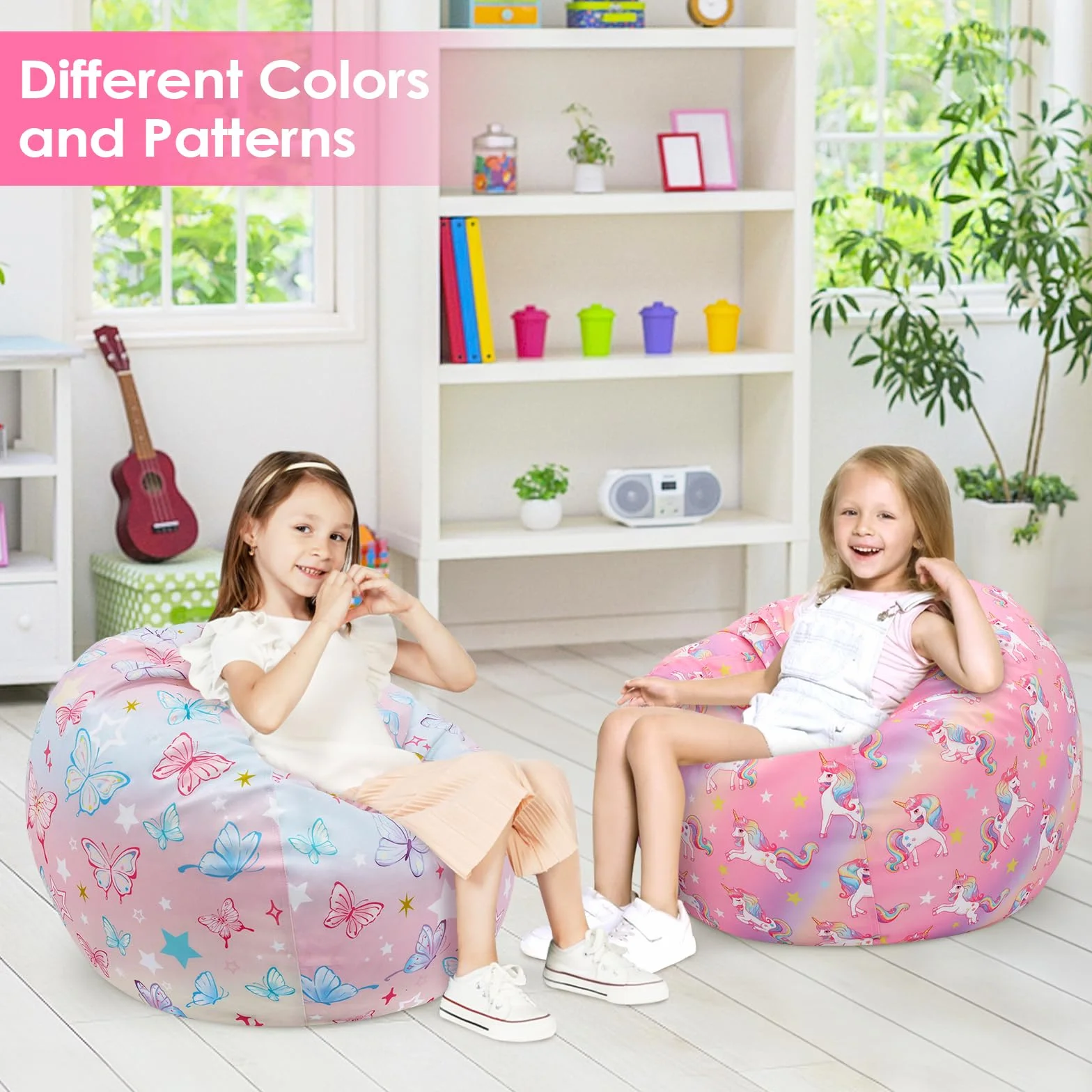 Decalsweet Sitzsack Kinder Spielzeug Stofftier Aufbewahrung, Große Größe Kuscheltiere Aufbewahrung für Mädchen Jungen, Aufbewahrung Organizer Lagerung Kinderzimmer Bunter Schmetterling(Nur Tasche）