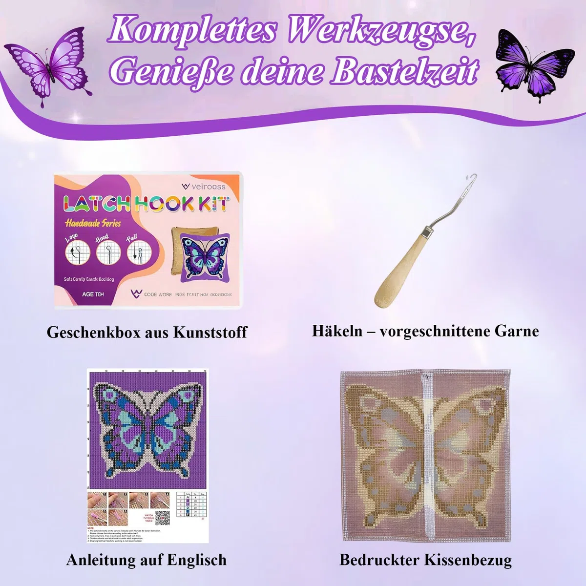 Komergave Knüpfen Set 43x43cm, Knüpfkissen mit Schmetterling Motiv, Knüpfteppich zum Selber Knüpfen für Erwachsene und Kinder, DIY Gehäkelter Kissenbezug für Wohndekoration