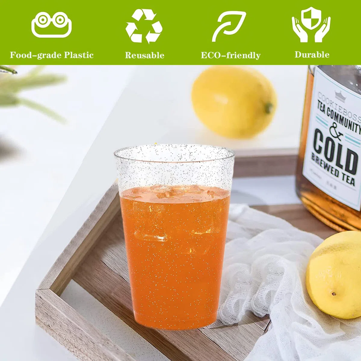 CYH 50 Stück Mehrweg Plastikbecher mit Silberglitter, 300ml Transparent Partybecher Wiederverwendbare Runde Trinkbecher Elegante Party Weingläser für Party Hochzeit Geburtstag Picknick (Silber)
