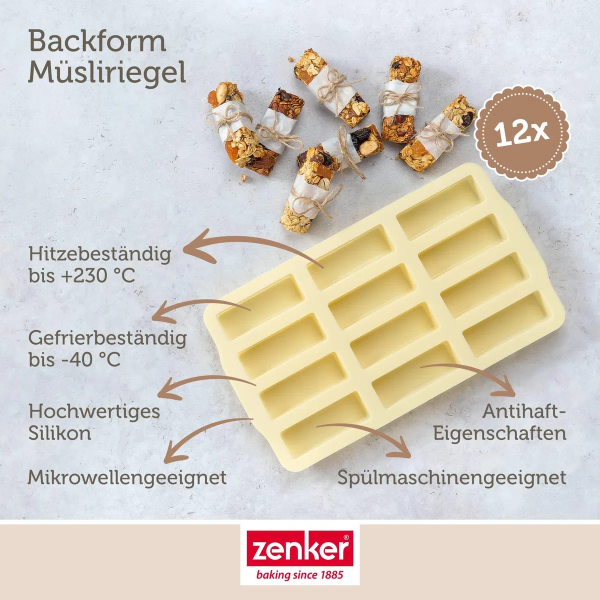 Zenker Müsliriegel Backform – Silikonform zum Backen von 12 Riegel – Müsliform aus Silikon mit Antihaft-Eigenschaften – Hitzebeständige und spülmaschinengeeignete Müsliriegelform
