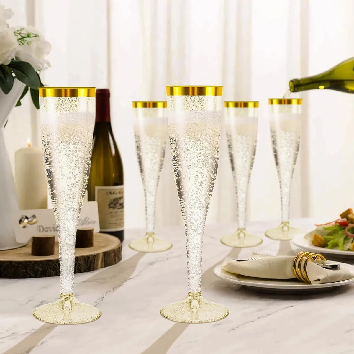 Sektgläser Plastik 30 Stück Kunststoff Champagner Gläser 150ml Goldene Kante und Glitter Sektglas Mehrweg Plastik Sektgläser für Geburtstag Hochzeit Party Picknicks Outdoor(Gold)