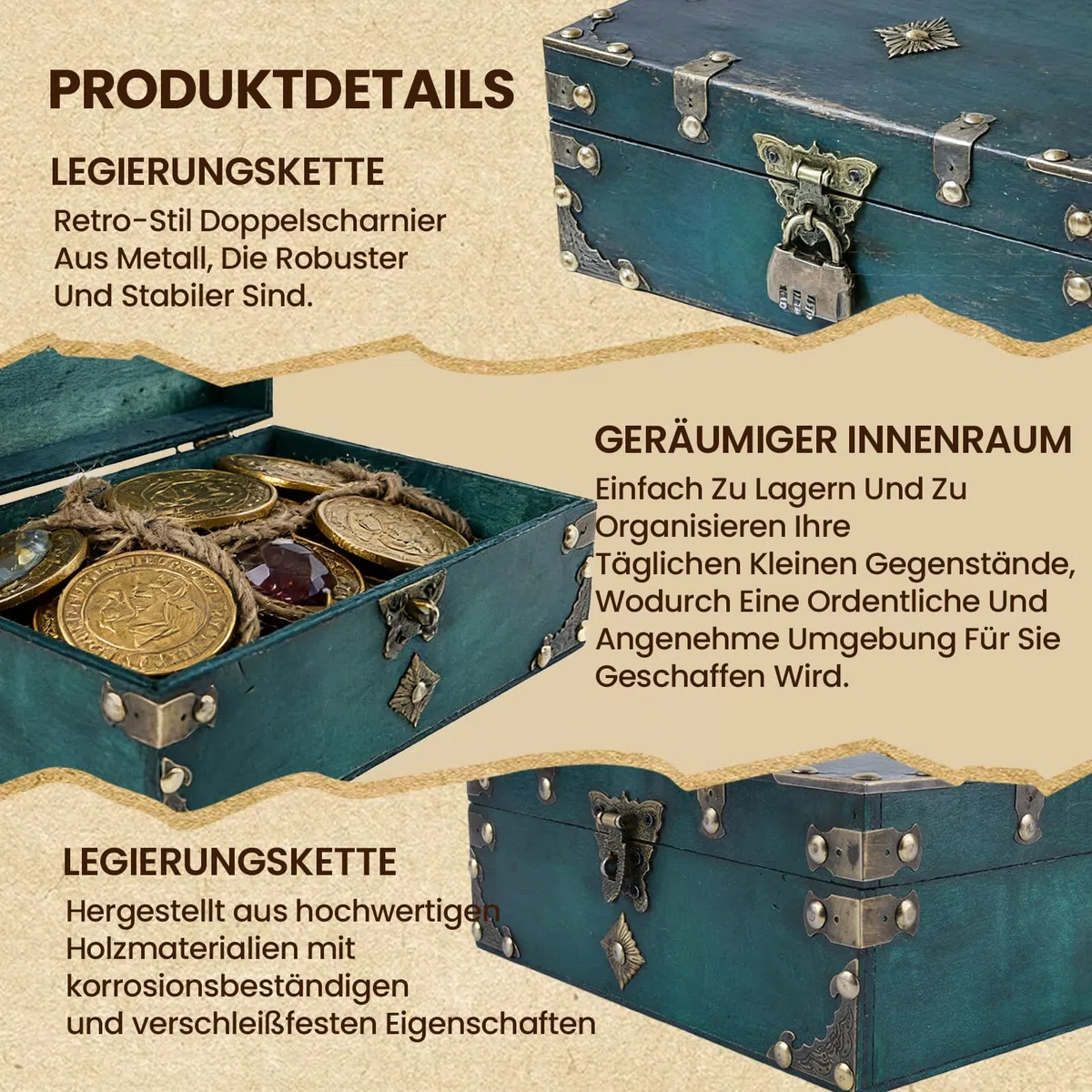 Holzschatzkiste mit Schloss, Vintage-Piraten-Schatzkiste, dekorative Holzaufbewahrungsbox 24 x 17 x 10 cm, rustikale Schmuckschatulle mit Deckel zur Aufbewahrung und Dekoration