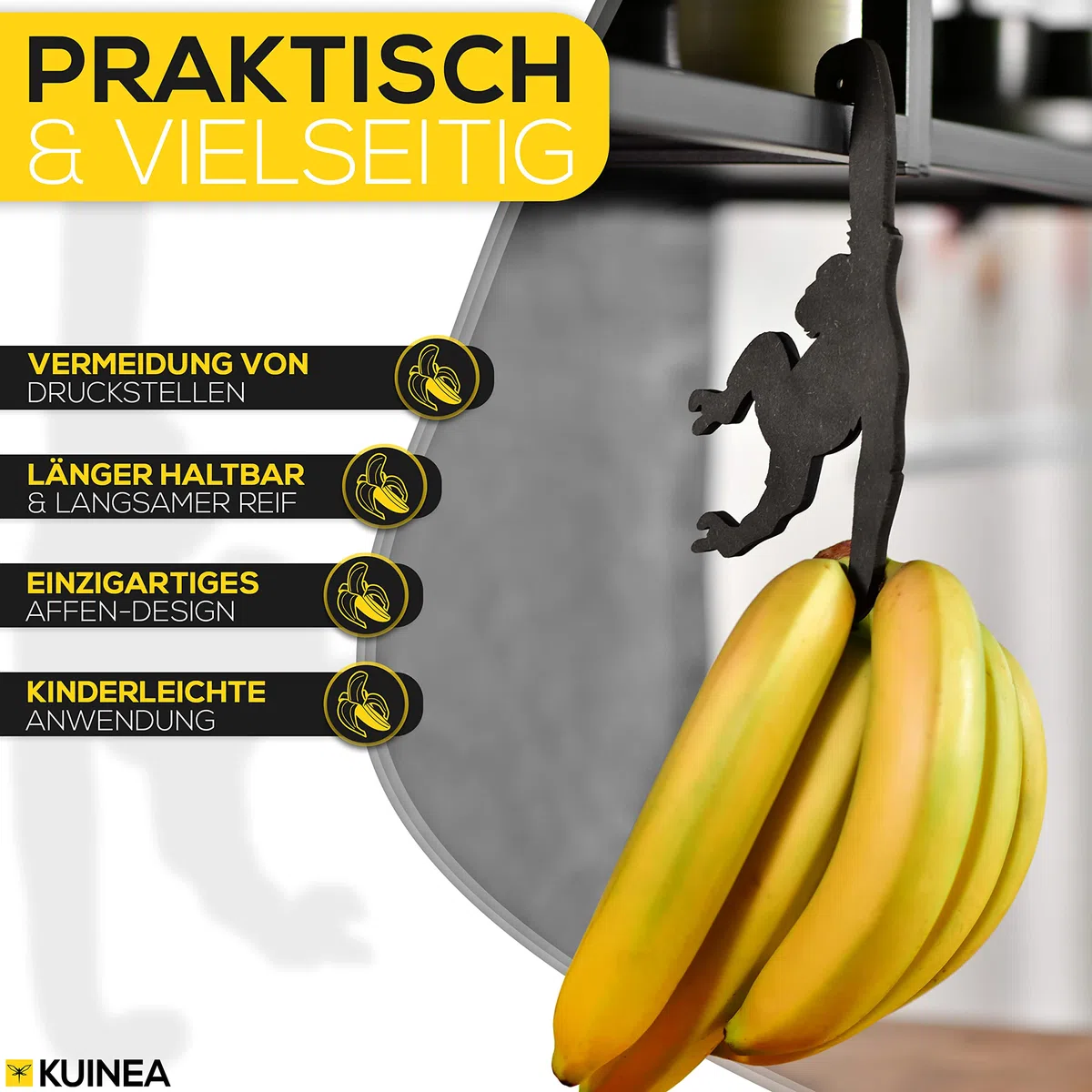 KUINEA Bananenhalter Affe für Bananen [KÜCHEN GADGETS] Der witzige Affen Bananenhalter I Praktischer Obst & Bananenständer I lustiges Küchengadget für Freunde von originellen Küchenutensilien I Küche