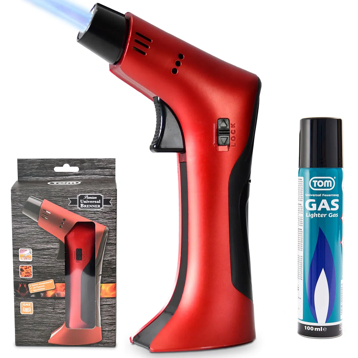 TOM Flambierbrenner Set MIT Gas befüllt + 1 x Butangas Kartusche – Profi Gasbrenner mit Sicherheitsschloss für Küche, Haushalt, Camping & Werkstatt – nachfüllbar – in zwei Farben – Jetflame (Rot)