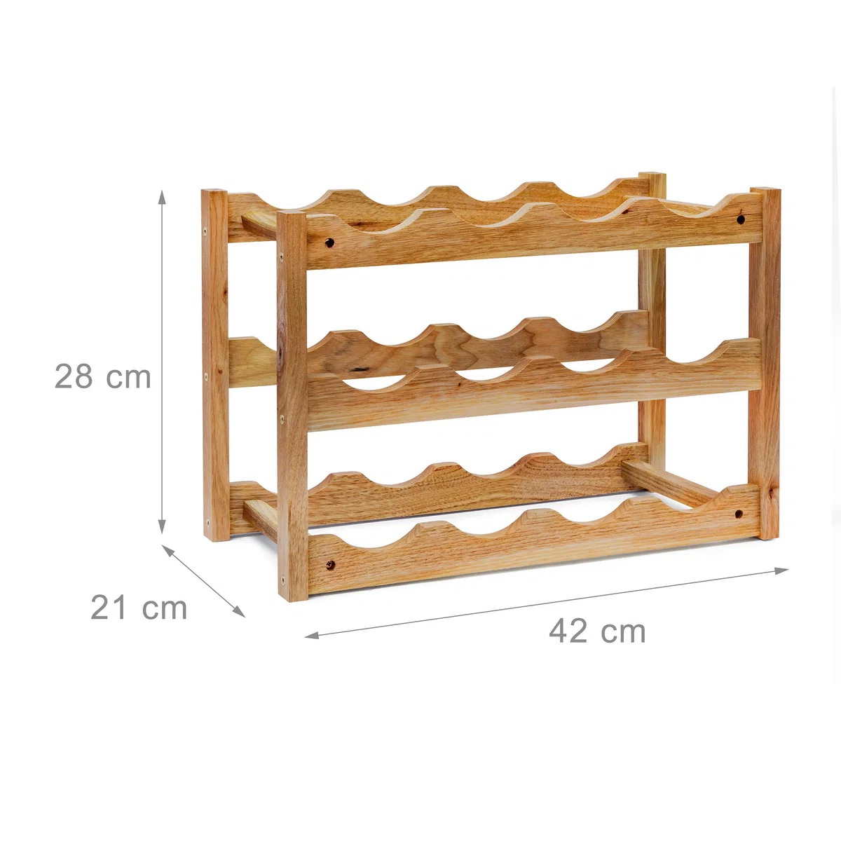 Relaxdays klein, Flaschenregal 12 Flaschen Wein, H x B x T: 28 x 21 x 42 cm, natürlich, Holz, Weinregal Walnuss mit 3 Ebenen