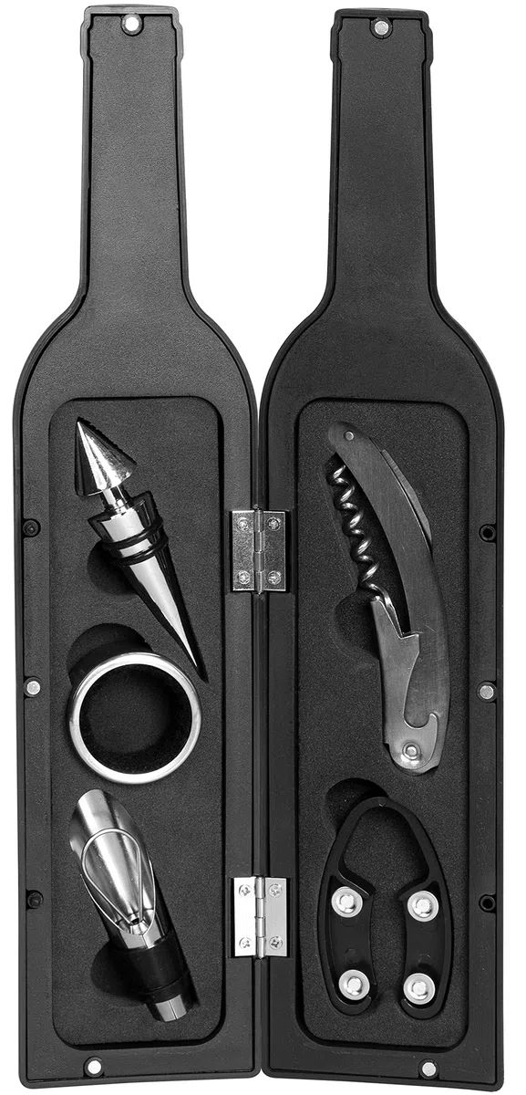 Weinöffner Set 5 TLG. - Weinflaschen Design, Schwarz - Wein Zubehör mit Folienschneider | Korkenzieher | Ausgießer | Tropfring | Edelstahlkorken