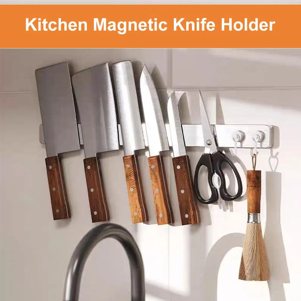 Magnetleiste Messer,40 cm Messer Magnetleiste selbstklebend,3M Klebeband ohne Bohren,aus Premium-Edelstahl,rostfrei & hygienisch,mit 3 Haken,Messerhalter Magnetisch