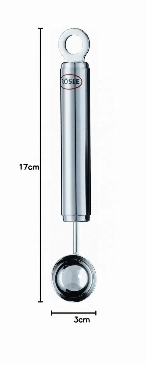 RÖSLE Kugelausstecher, Hochwertiger Ausstecher für Melonen und anderes Obst sowie Gemüse, Edelstahl 18/10, 3 cm Durchmesser, Spülmaschinengeeignet, Silber