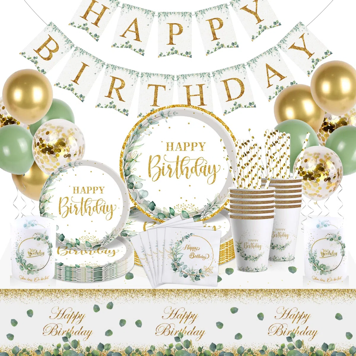 Geburtstagsdeko Teller Set, Eukalyptus Pappteller 116 Stück für 20 Gäste, Happy Birthday Geburtstag Deko Frauen, Grün Partygeschirr Set für Party Deko