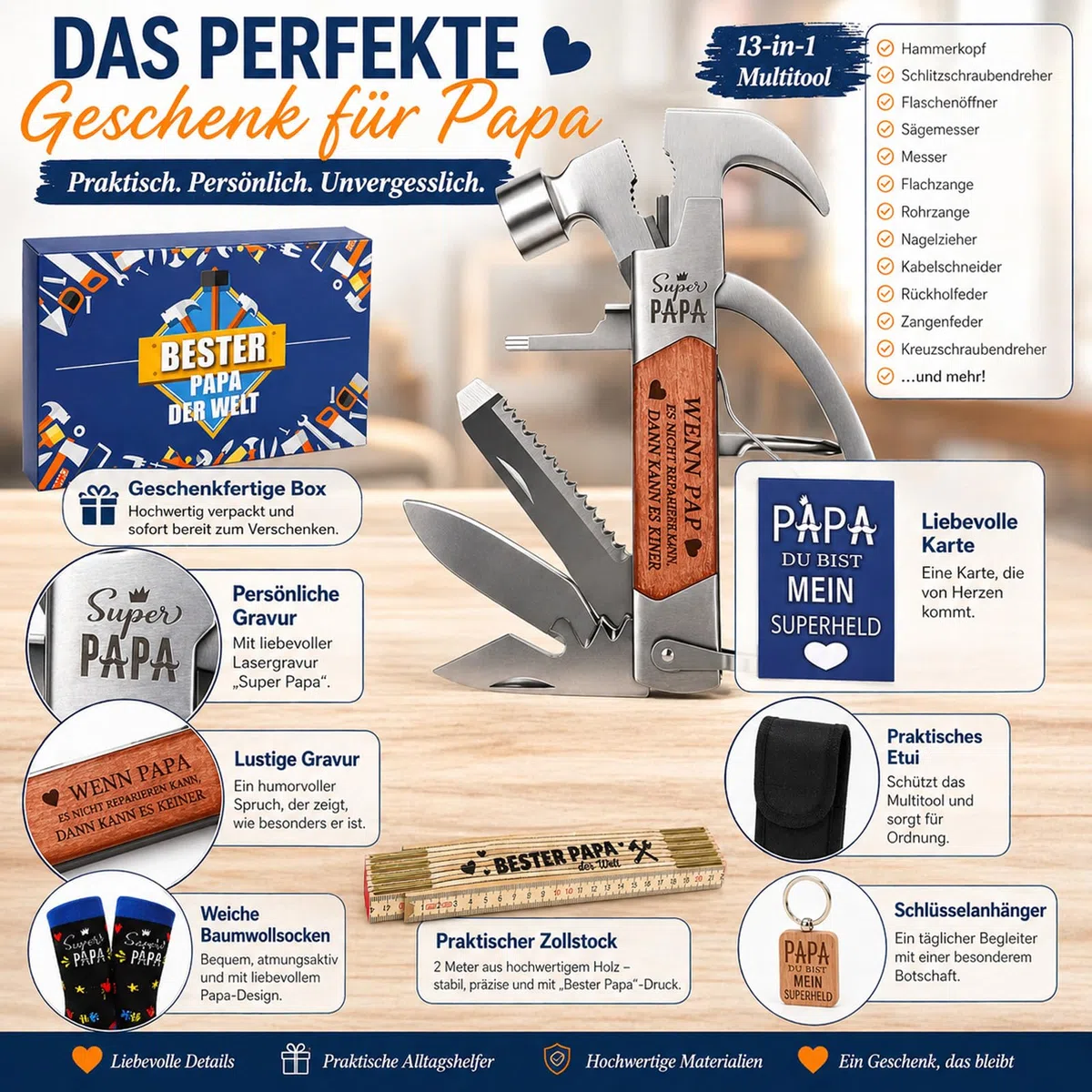 Bester Papa Geschenkset mit 13-in-1 Multitool und personalisiertem Zollstock, Vatertagsgeschenk für Papa mit Socken, Schlüsselanhänger und Karte
