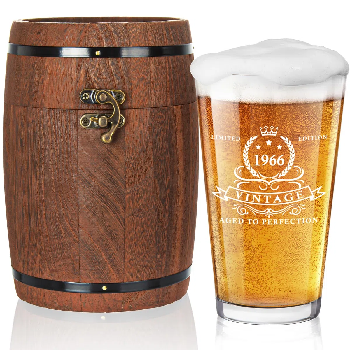 LIGHTEN LIFE Geschenke zum 60. Geburtstag für Männer 450 ml, 1966-Bierglas in Fassbox, Geschenkideen zum 60. Geburtstag,1966-60.-Bierglas für 60 Jahre alten Vater,Ehemann
