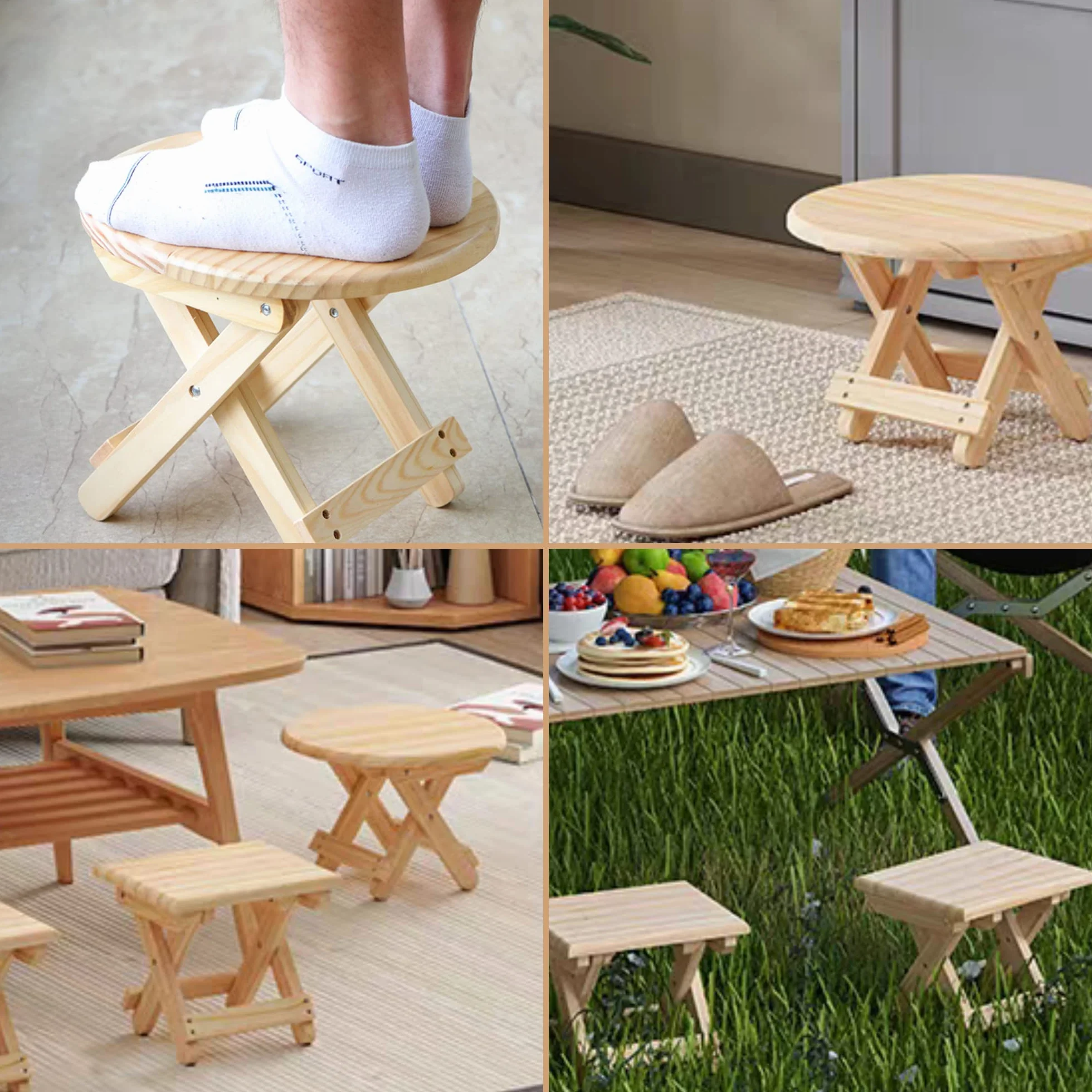 MAGIC SELECT Mini Klapphocker aus Holz. Reisesitz, Runder Kinderhocker, Tragbarer Fußhocker für Zuhause, Badezimmer, Küche, Garten, Büro, Reisen. Unterstützt 90 kg.