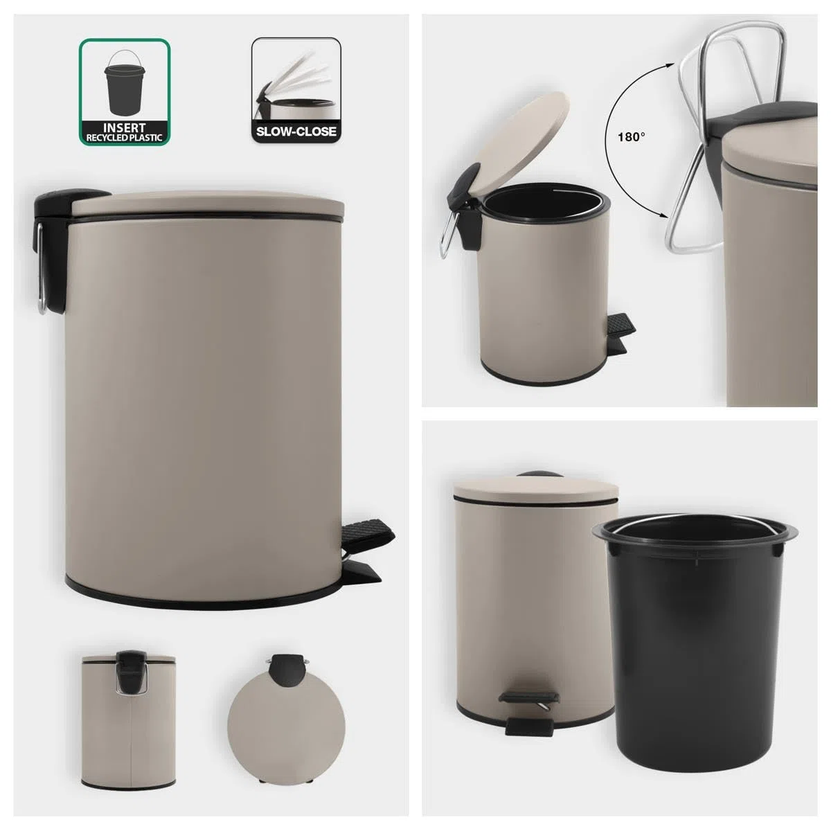 Spirella Kosmetikeimer 3 Liter Edelstahl mit Absenkautomatik und Inneneimer Adelar Badezimmer Mülleimer Softclose Abfalleimer Taupe, 3 litres