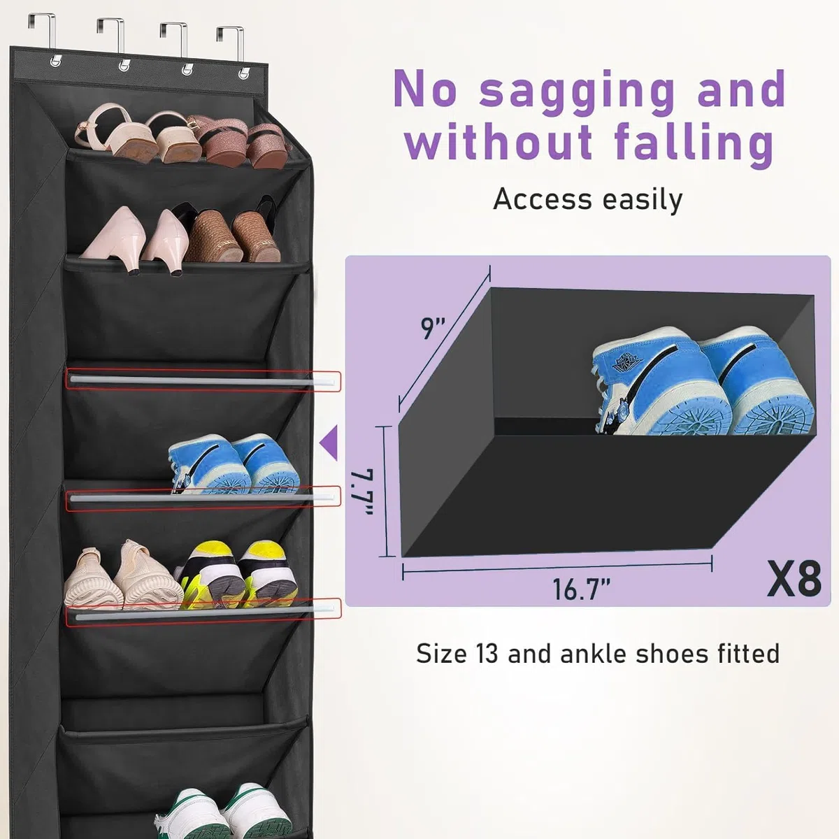 MISSLO Schuh-Organizer über der Tür Schmal hängende Schuhaufbewahrung mit 8 tiefen Taschen Passt 20-Paar Schuh Regal, Kleiderschrank Schuhhalter für Türorganizer, Schwarz