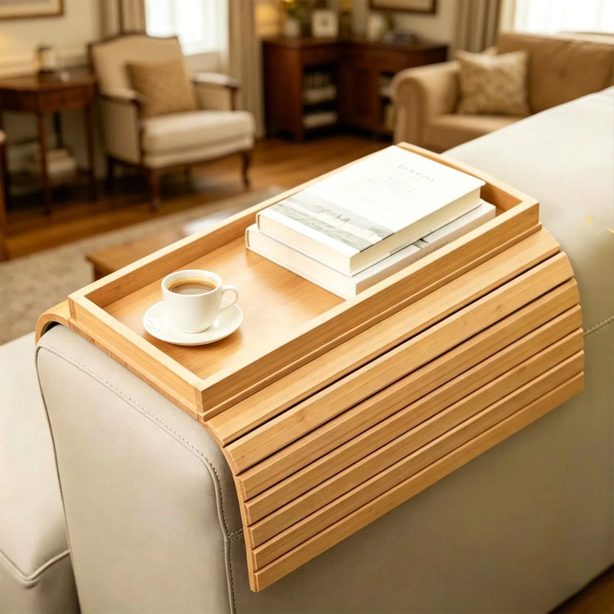 Sofa Tablett Armlehne aus Bambus, Klappbare Couch Ablage | Snack Tablett Kaffeetablett Laptop Ablage Serviertablett