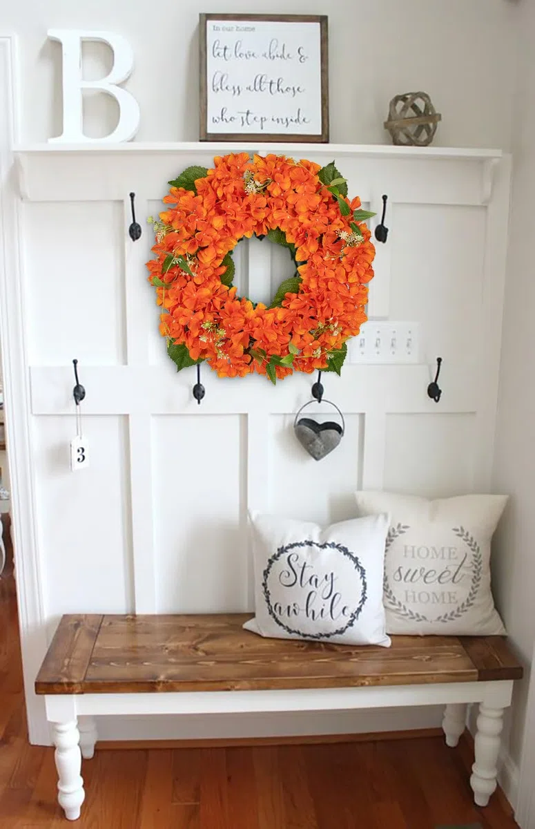 40cm Künstliche Hortensie Kranz Faux Blume Kranz, Faux Orange Hortensie Dekorativen Kranz für Haustür, Mantel, Wand, Bauernhof Dekor