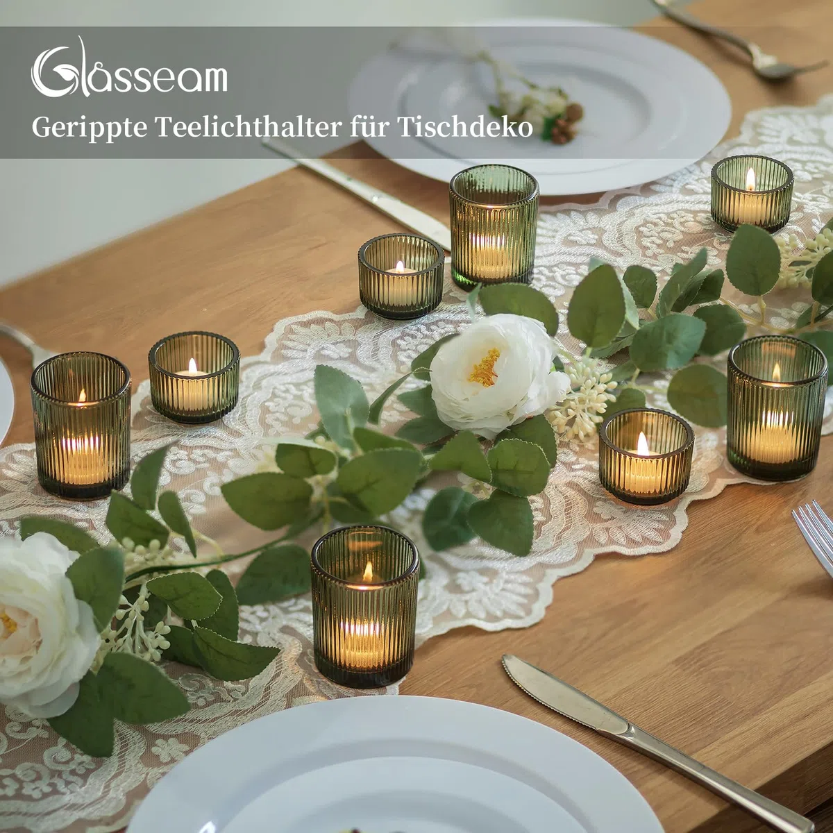 Glasseam Teelichtgläser Grün Teelichthalter Glas: 8er Set Teelichtglas Gerippt Teelicht Gläser für Tischdeko Klein Kerzengläser Votivkerzenhalter für Tisch Weihnachten Hochzeit Deko