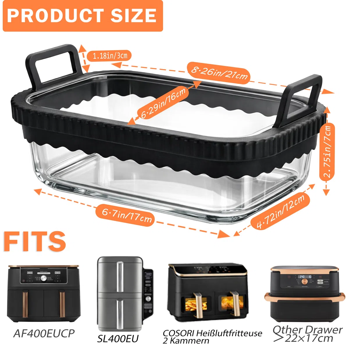 Auflaufform Airfryer für COSORI Heißluftfritteuse 2 Kammern/Ninja Heißluftfritteuse AF400EU/SL400EU/AF500EU/, Glas Airfryer Zubehör, BPA-frei, Herausnehmbarer Silikonring (Schwarz)