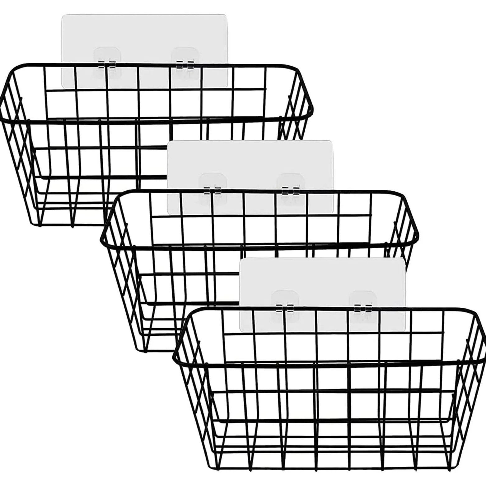 3 Stück Gitterkorb Schwarz, Drahtkorb Eckig Metallkorb Wand mit Klebehaken - 28.5 x 12.5 x 12.5 cm-Aufbewahrungskorb zum Aufhängen für Küche, Bad, Speisekammer, Büro