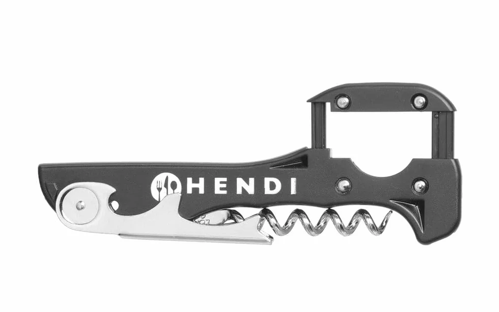 HENDI Kellnerkorkenzieher, mit Griff aus ABS Kunststoff, 3 Funktionen, Patentierter Hebel und Folienschneider, Korkenzieher & Flaschenöffner, 37x130x(H)14mm, Edelstahl, ABS Kunststoff