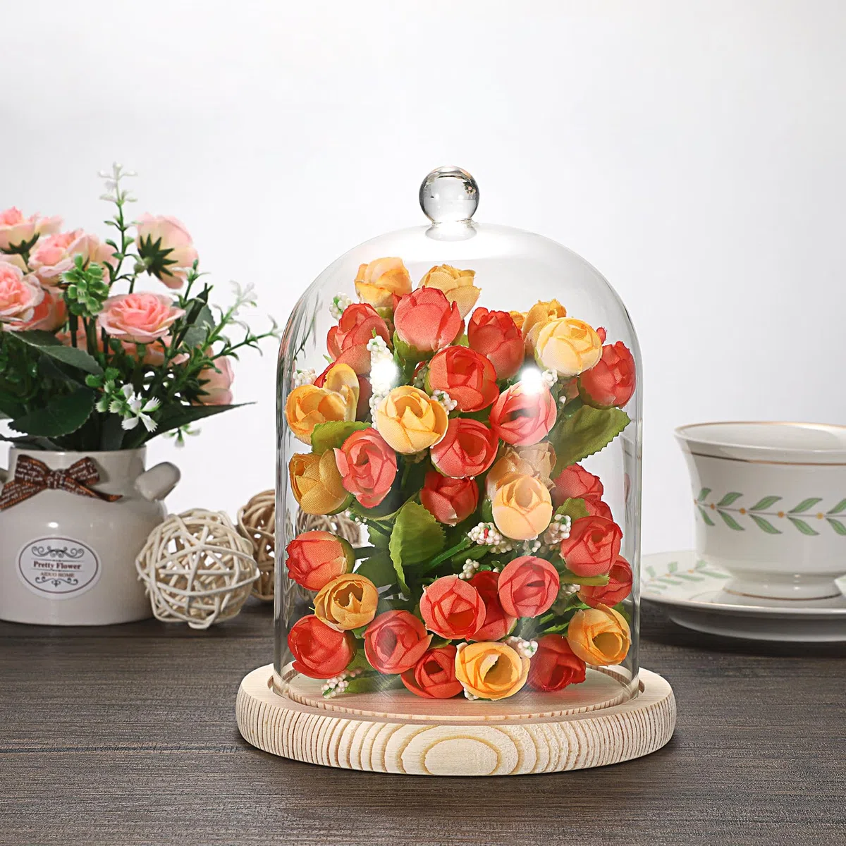 Glaskuppel mit Natürlichen Holzsockel, Griff Robust Dekoration für Rosa Aromatherapie Kerzenständer Lichtketten als Deko Geschenk für Ehefrau Tochter Mutter im Hochzeit Valentinstag Weihnacht