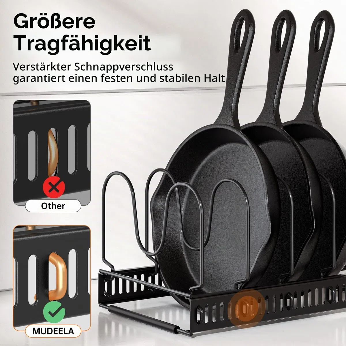 MUDEELA Töpfe und Pfannen Organizer, Erweiterbarer Küchenschrank Organizer mit 10 Verstellbaren Fächern Ideal für Schneidebretter, Gusseisenpfannen und Kochzubehör Topfdeckelhalter, Schwarz