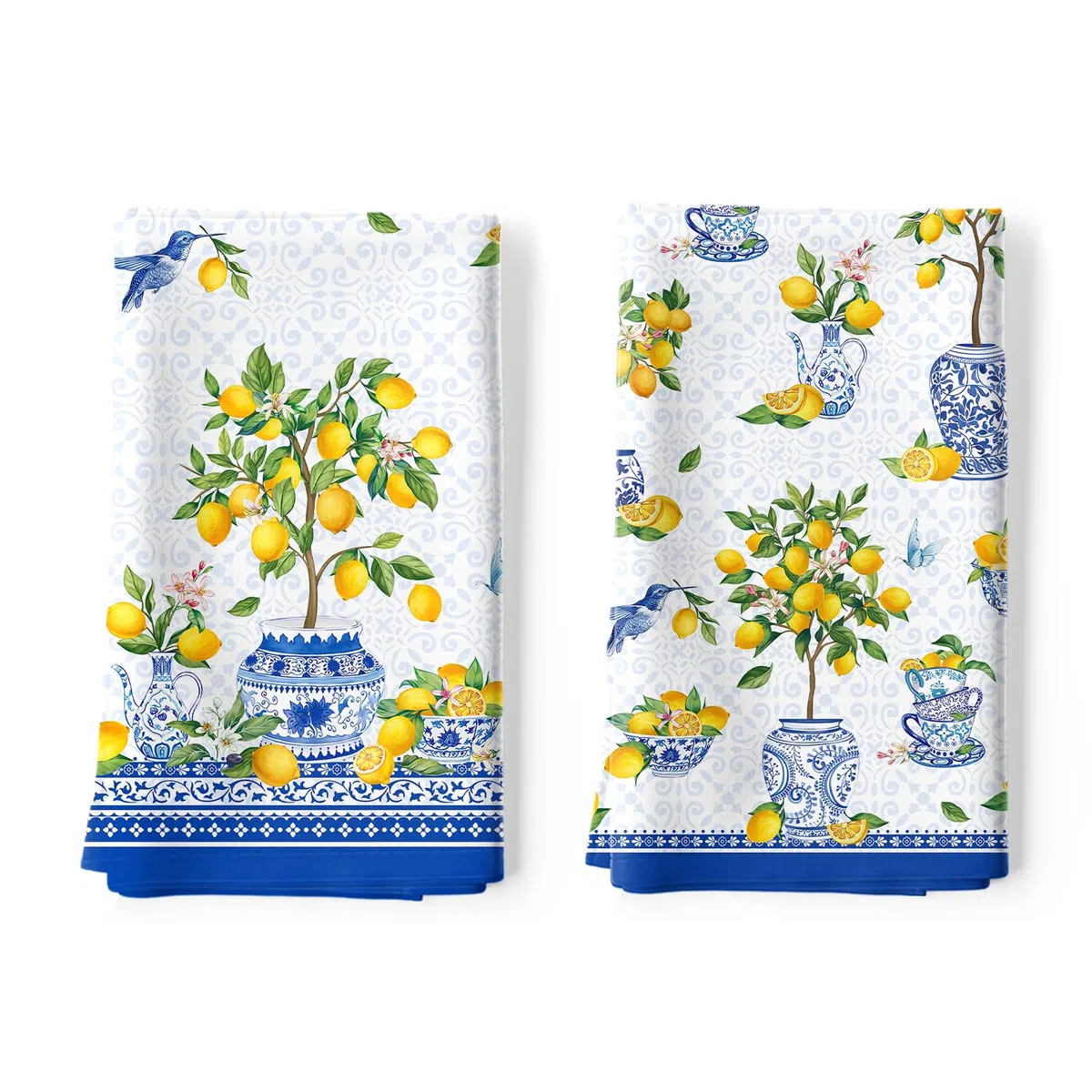 Zitrone Geschirrtücher 2er, Blau Sommer Küchentücher 100% Baumwolle Dekorative Trockentücher Saugstarke Geschenk für Urlaub Einweihungsfeier Dekoration 48 cm x 70 cm
