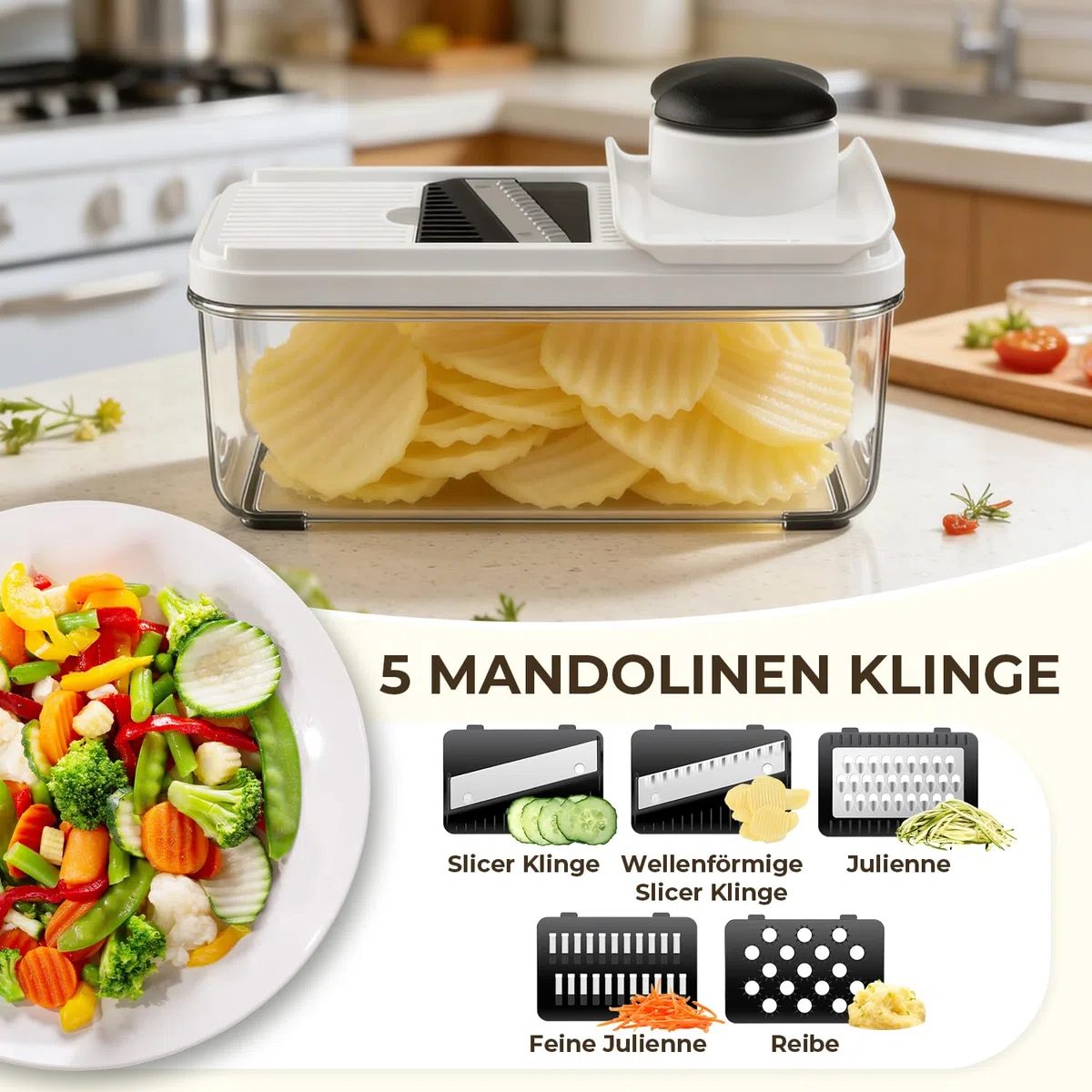 Gemüseschneider und Spiralschneider, Mandoline Gemüsehobel, Würfelschneider Zwiebelschneider, Reibe für Gemüse mit 9 Austauschbare Klingen, Gemüse Schneider für Tomate, Kartoffel, Gurke