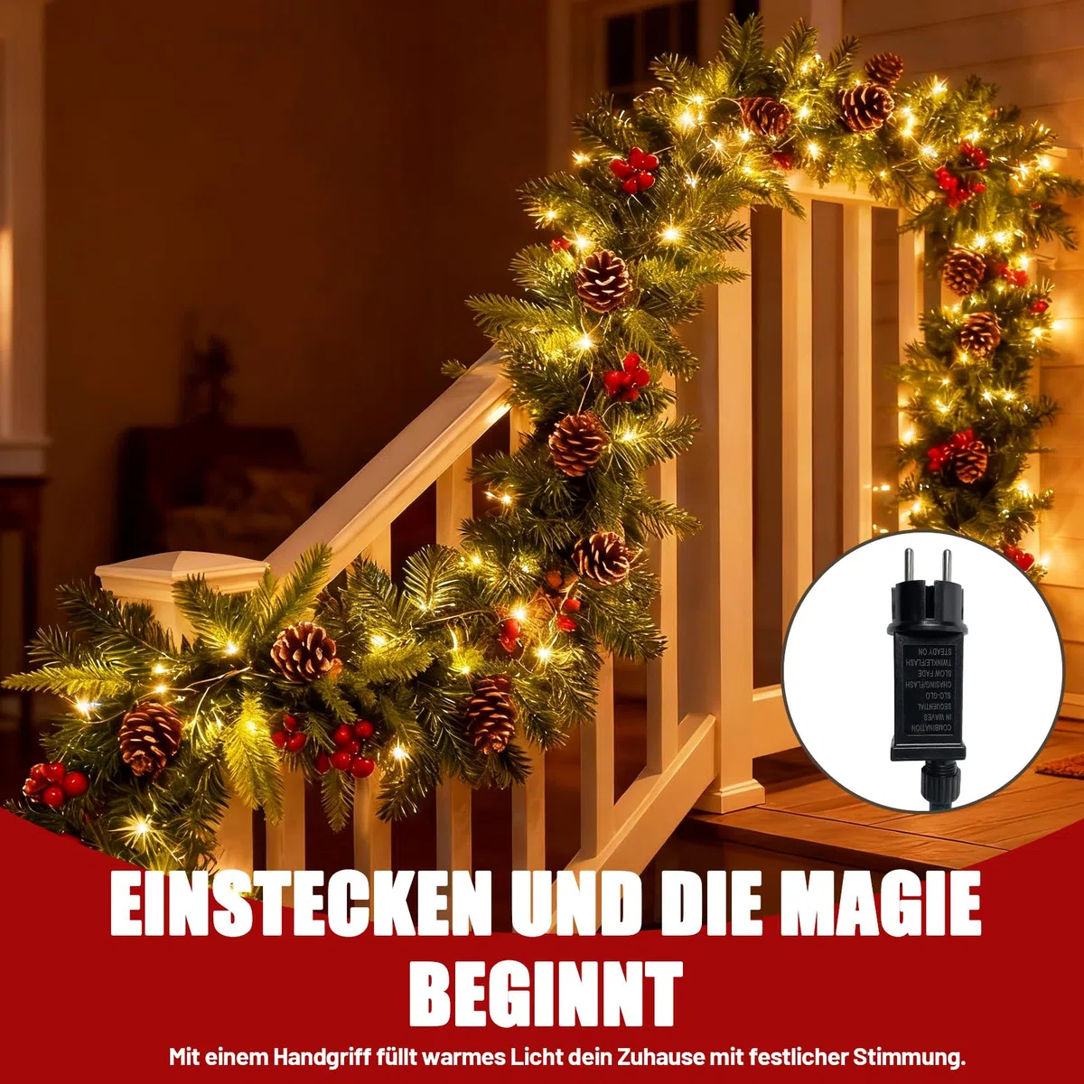Weihnachtsgirlande mit Beleuchtung 5m 100 LEDs, Tannengirlande, Girlande Weihnachten mit Tannenzapfen Rote Beere, 8 Lichtmodi, Weihnachtsdeko Girlande für Treppen Kamin Haustür (PE-Zweige)